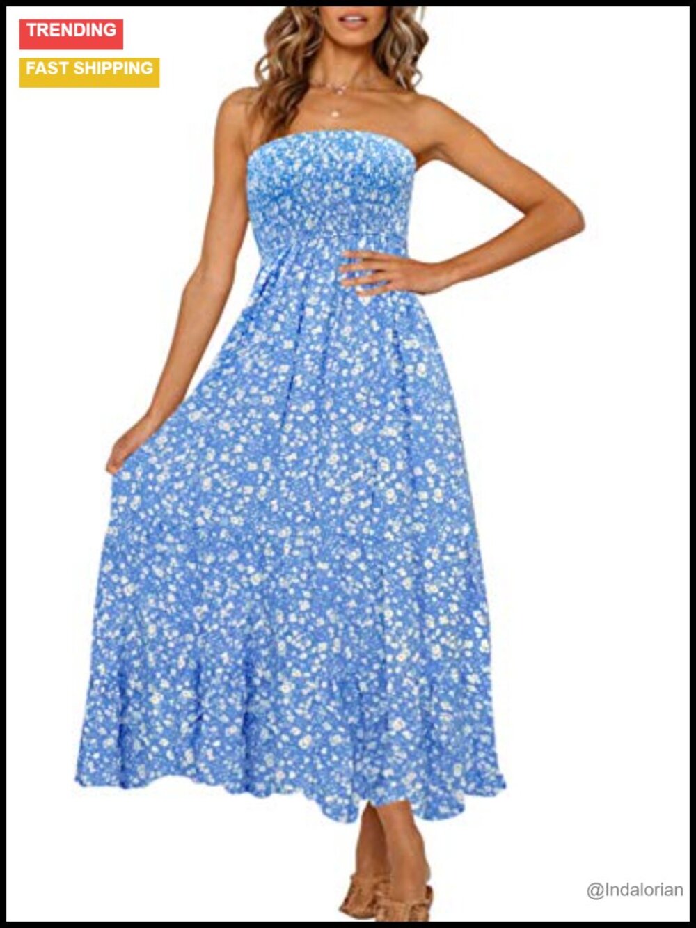Boho Strapless Maxi Dress Floral Ruffle Tiered Lightweight Rayon